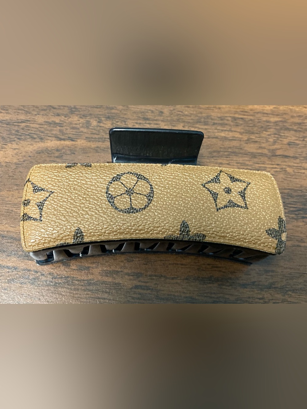 Tan Patterned Leather-Look Hair Clip
